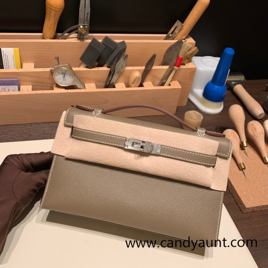 Hermes Kelly pochette Epsom 18/Étoupe Grey Silver Hardware Pochette--021 Hermes Kelly pochette Epsom 18/Étoupe Grey Silver Hardware Pochette--021