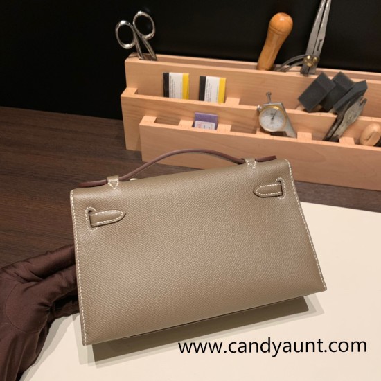 Hermes Kelly pochette Epsom 18/Étoupe Grey Silver Hardware Pochette--021 Hermes Kelly pochette Epsom 18/Étoupe Grey Silver Hardware Pochette--021