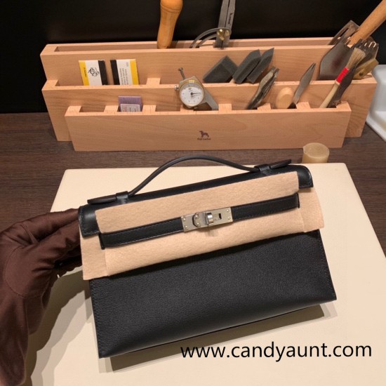 Hermes Kelly pochette swift 89 /Black (Noir) Silver Hardware Pochette--029 Hermes Kelly pochette swift 89 /Black (Noir) Silver Hardware Pochette--029