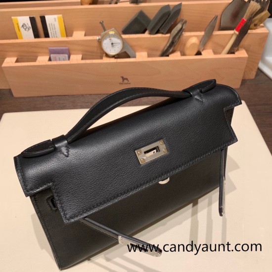 Hermes Kelly pochette swift 89 /Black (Noir) Silver Hardware Pochette--029 Hermes Kelly pochette swift 89 /Black (Noir) Silver Hardware Pochette--029