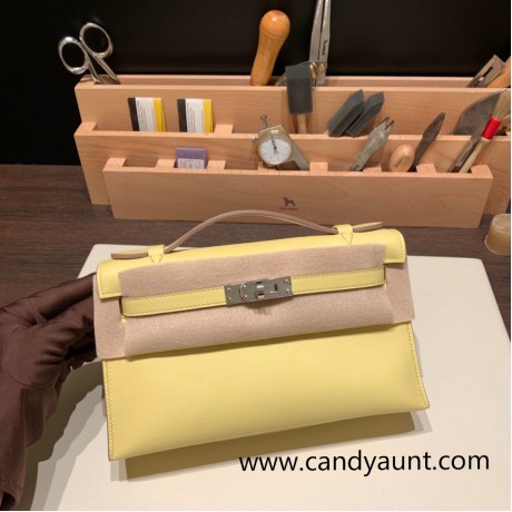  1Z /Jaune Poussin  Silver Hardware いkelly pochette  swift 