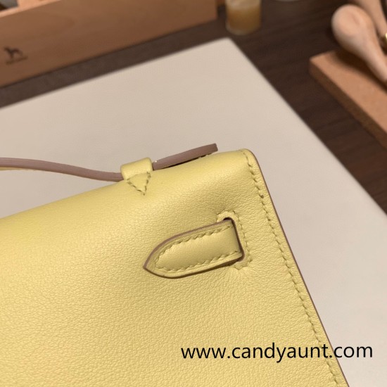 Hermes Kelly pochette swift 1Z /Jaune Poussin Silver Hardware Pochette--032 Hermes Kelly pochette swift 1Z /Jaune Poussin Silver Hardware Pochette--032