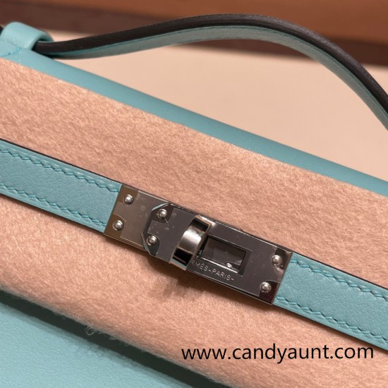 Hermes Kelly pochette swift 3P /Blue Atoll Silver Hardware Pochette--033 Hermes Kelly pochette swift 3P /Blue Atoll Silver Hardware Pochette--033