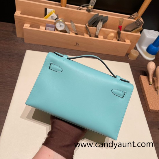 Hermes Kelly pochette swift 3P /Blue Atoll Silver Hardware Pochette--033 Hermes Kelly pochette swift 3P /Blue Atoll Silver Hardware Pochette--033