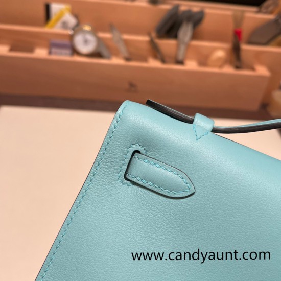 Hermes Kelly pochette swift 3P /Blue Atoll Silver Hardware Pochette--033 Hermes Kelly pochette swift 3P /Blue Atoll Silver Hardware Pochette--033