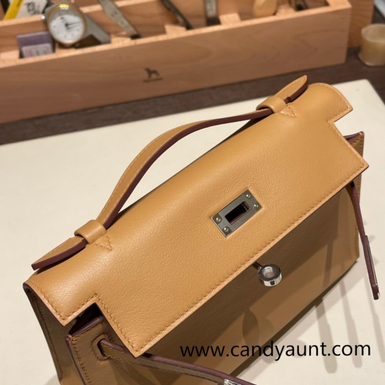 Hermes Kelly pochette swift 0M/Chai Silver Hardware Pochette--038 Hermes Kelly pochette swift 0M/Chai Silver Hardware Pochette--038