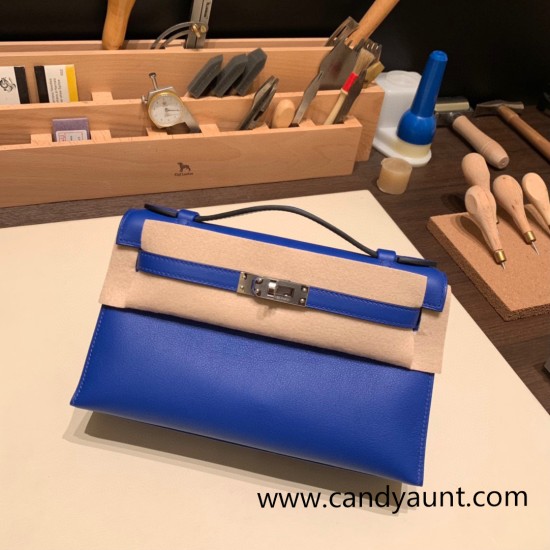 Hermes Kelly pochette swift 7T/ Blue Electric Silver Hardware Pochette--040 Hermes Kelly pochette swift 7T/ Blue Electric Silver Hardware Pochette--040