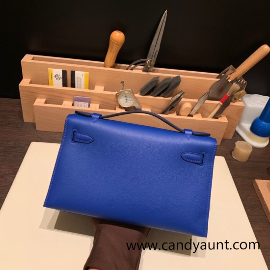 Hermes Kelly pochette swift 7T/ Blue Electric Silver Hardware Pochette--040 Hermes Kelly pochette swift 7T/ Blue Electric Silver Hardware Pochette--040