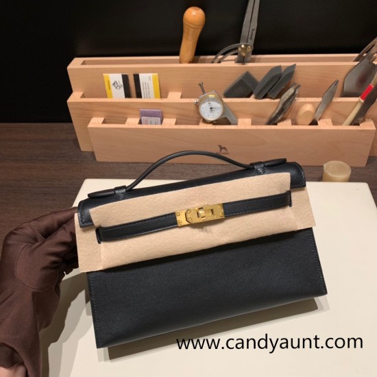 Hermes Kelly pochette swift 89/ Black (Noir) Gold Hardware Pochette--042 Hermes Kelly pochette swift 89/ Black (Noir) Gold Hardware Pochette--042
