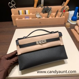  89/ Black (Noir) Silver Hardware kelly pochette  swift 