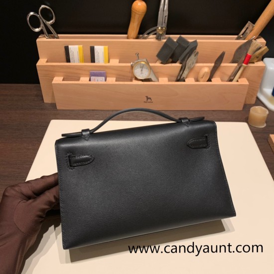 Hermes Kelly pochette swift 89/ Black (Noir) Silver Hardware Pochette--043 Hermes Kelly pochette swift 89/ Black (Noir) Silver Hardware Pochette--043