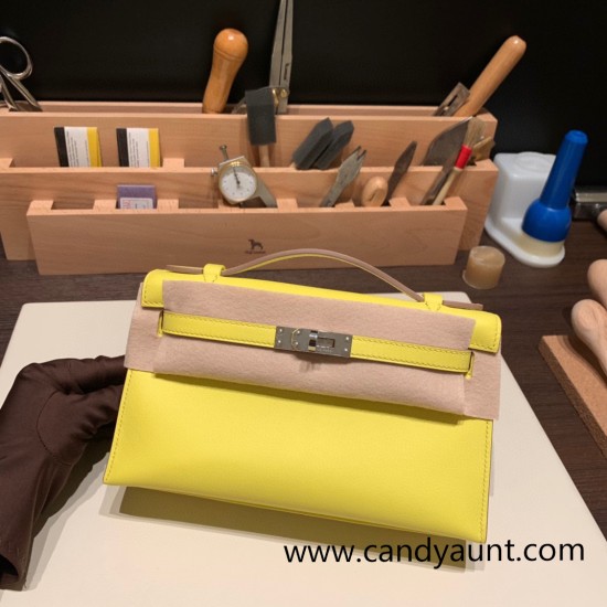 Hermes Kelly pochette swift 9R/ Lime Silver Hardware Pochette--048 Hermes Kelly pochette swift 9R/ Lime Silver Hardware Pochette--048
