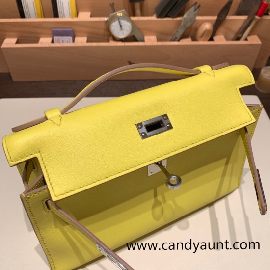 Hermes Kelly pochette swift 9R/ Lime Silver Hardware Pochette--048 Hermes Kelly pochette swift 9R/ Lime Silver Hardware Pochette--048