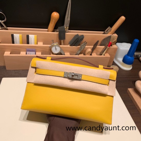 Hermes Kelly pochette swift 9D /Jaune Ambre Silver Hardware Pochette--049 Hermes Kelly pochette swift 9D /Jaune Ambre Silver Hardware Pochette--049