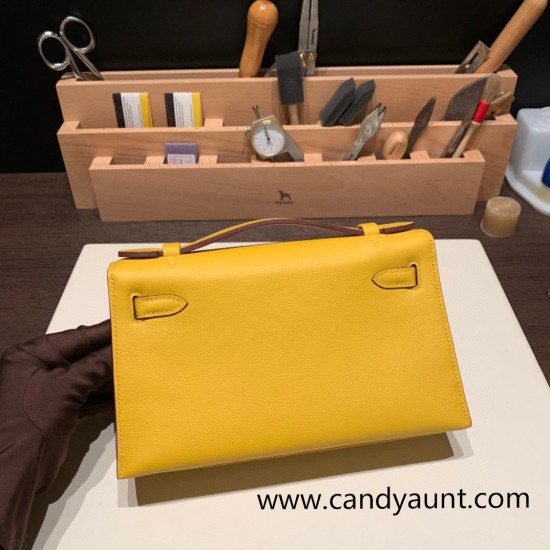Hermes Kelly pochette swift 9D /Jaune Ambre Silver Hardware Pochette--049 Hermes Kelly pochette swift 9D /Jaune Ambre Silver Hardware Pochette--049