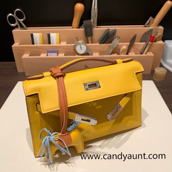 Hermes Kelly pochette swift 9D /Jaune Ambre Silver Hardware Pochette--049 Hermes Kelly pochette swift 9D /Jaune Ambre Silver Hardware Pochette--049