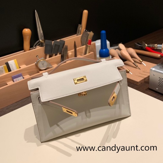 Hermes Kelly pochette swift 80 /Pearl Grey Gold Hardware Pochette--050 Hermes Kelly pochette swift 80 /Pearl Grey Gold Hardware Pochette--050