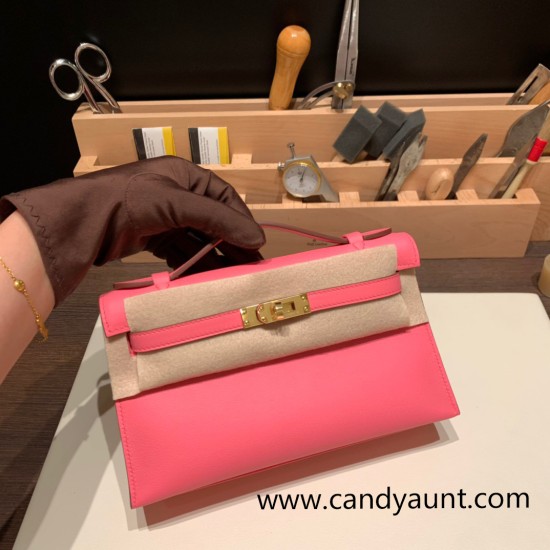 Hermes Kelly pochette swift 8W /Rose Azalee Gold Hardware Pochette--053 Hermes Kelly pochette swift 8W /Rose Azalee Gold Hardware Pochette--053