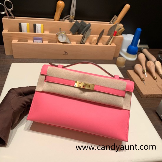 Hermes Kelly pochette swift 8W /Rose Azalee Gold Hardware Pochette--053 Hermes Kelly pochette swift 8W /Rose Azalee Gold Hardware Pochette--053