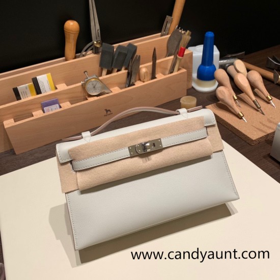Hermes Kelly pochette swift 80 /Pearl Grey Silver Hardware Pochette--058 Hermes Kelly pochette swift 80 /Pearl Grey Silver Hardware Pochette--058
