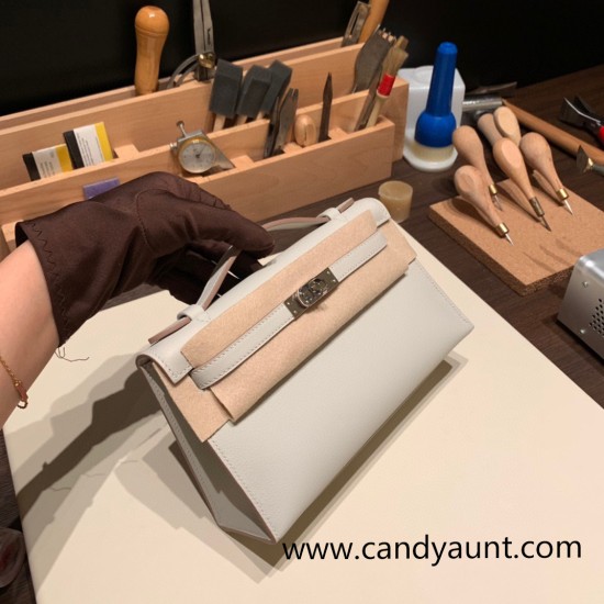Hermes Kelly pochette swift 80 /Pearl Grey Silver Hardware Pochette--058 Hermes Kelly pochette swift 80 /Pearl Grey Silver Hardware Pochette--058
