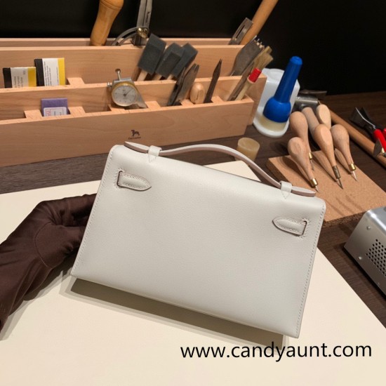 Hermes Kelly pochette swift 80 /Pearl Grey Silver Hardware Pochette--058 Hermes Kelly pochette swift 80 /Pearl Grey Silver Hardware Pochette--058