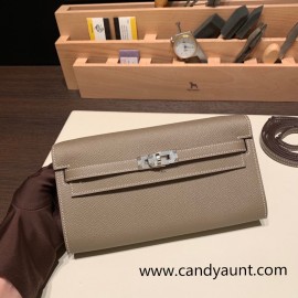 18/Étoupe Grey (Étoupe)   Silver Hardware  Full Handmade Kelly Wallet Long To Go  epsom 