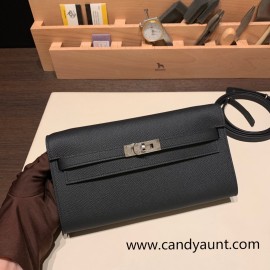  89/Black (Noir)  Silver Hardware  Full Handmade Kelly Wallet Long To Go   epsom  