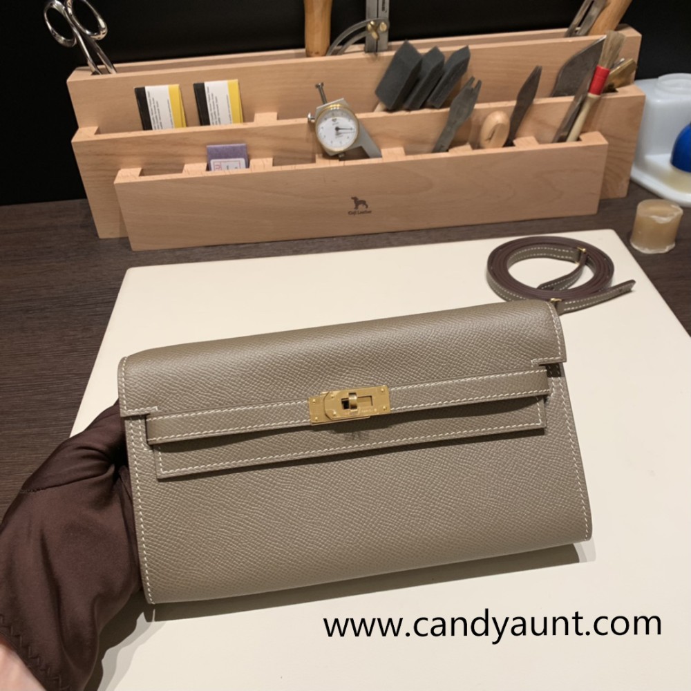  8C/Elephant Grey  Gold Hardware  Full Handmade Kelly Wallet Long To Go   epsom  