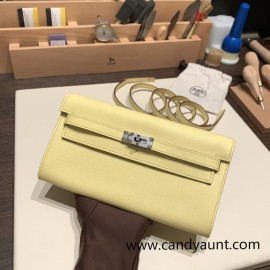 1Z/Jaune Poussin   Silver Hardware   Full Handmade Kelly Wallet Long To Go   epsom  