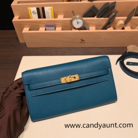  Chevre W0/Vert Bosphore   Gold Hardware  Full Handmade Kelly Wallet Long To Go   epsom  