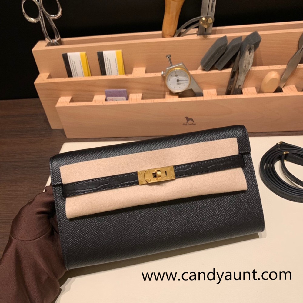  touch   89/Black (Noir)  Gold Hardware Full Handmade Kelly Wallet Long To Go   epsom  