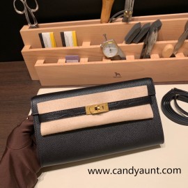  touch  89/Black (Noir)  Gold Hardware  Full Handmade Kelly Wallet Long To Go   epsom  
