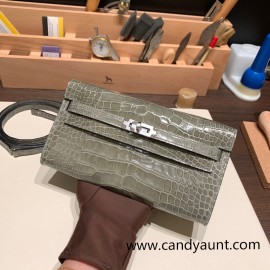  81/Gris Tourterelle   Silver Hardware   Full Handmade Kelly Wallet Long To Go   epsom  