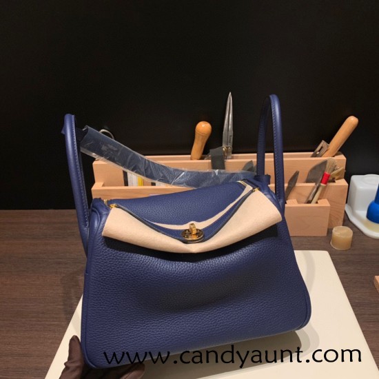 Hermes Lindy 26cm Clemence 73/ Blue Saphir Gold Hardware lindy26-042 Hermes Lindy 26cm Clemence 73/ Blue Saphir Gold Hardware lindy26-042