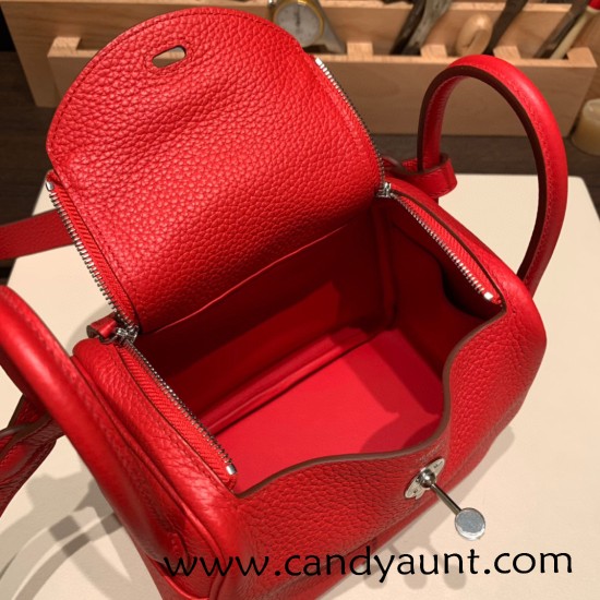 Hermes Mini Lindy Clemence S3/Rouge Cœur Silver Hardware 076 Hermes Mini Lindy Clemence S3/Rouge Cœur Silver Hardware 076