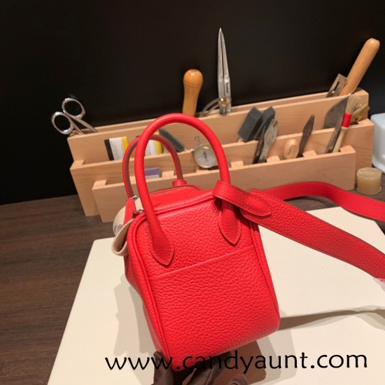 Hermes Mini Lindy Clemence S3/Rouge Cœur Silver Hardware 076 Hermes Mini Lindy Clemence S3/Rouge Cœur Silver Hardware 076