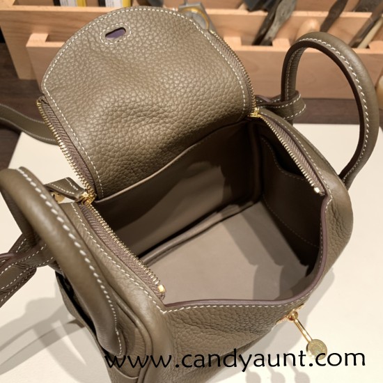 Hermes Mini Lindy Clemence 18/Étoupe Grey Gold Hardware 093 Hermes Mini Lindy Clemence 18/Étoupe Grey Gold Hardware 093