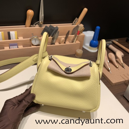 Hermes Mini Lindy Clemence 1Z /Jaune Poussin Silver Hardware 101 Hermes Mini Lindy Clemence 1Z /Jaune Poussin Silver Hardware 101