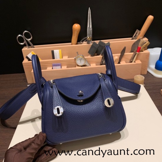 Hermes Mini Lindy Clemence 73 /Blue Saphir Silver Hardware 102 Hermes Mini Lindy Clemence 73 /Blue Saphir Silver Hardware 102