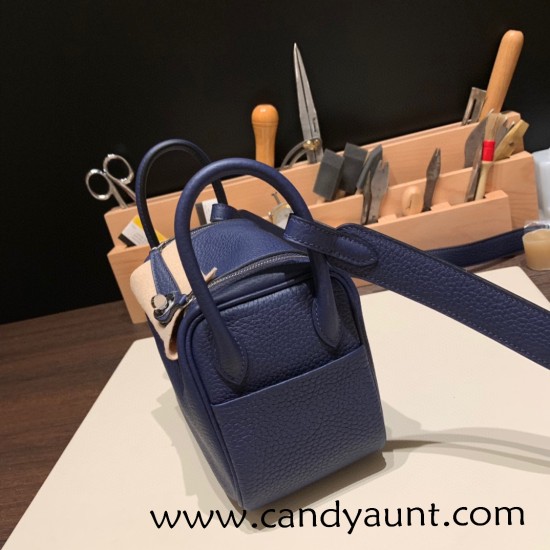 Hermes Mini Lindy Clemence 73 /Blue Saphir Silver Hardware 102 Hermes Mini Lindy Clemence 73 /Blue Saphir Silver Hardware 102