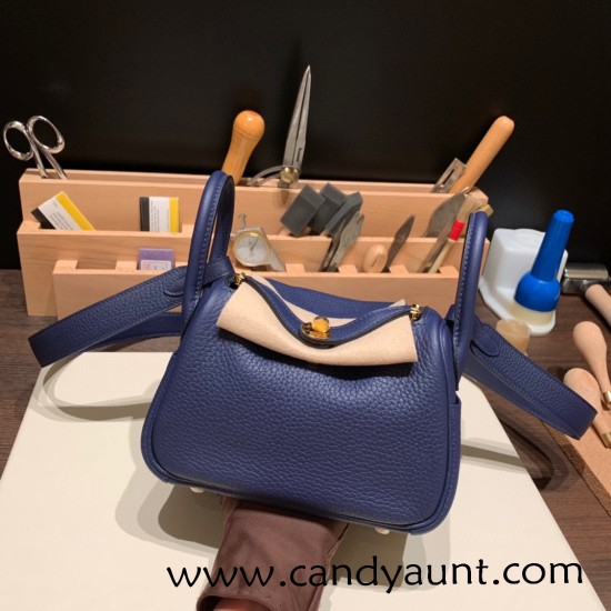 Hermes Mini Lindy Clemence 73 /Blue Saphir Gold Hardware 103 Hermes Mini Lindy Clemence 73 /Blue Saphir Gold Hardware 103