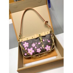 免税版 Louis Vuitton x 村上隆 Pochette Accessoires ハンドバッグ｜明るい桜柄と個性的なデザイン 13×4×22cm