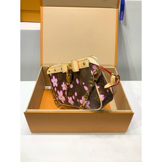 免税版 Louis Vuitton x 村上隆 Pochette Accessoires ハンドバッグ｜明るい桜柄と個性的なデザイン 13×4×22cm