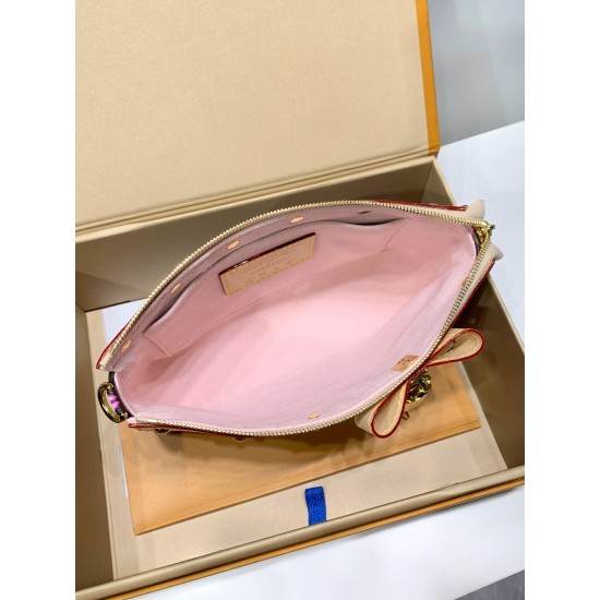 免税版 Louis Vuitton x 村上隆 Pochette Accessoires ハンドバッグ｜明るい桜柄と個性的なデザイン 13×4×22cm