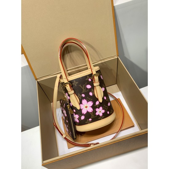 免税版 M13417G 全鋼製 ルイ・ヴィトン Nano Bucket ハンドバッグ 桜柄 17×9×13cm 免税版 M13417G 全鋼製 ルイ・ヴィトン Nano Bucket ハンドバッグ 桜柄 17×9×13cm