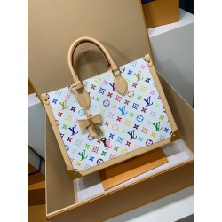 免税版 M13079G 全鋼製 Louis Vuitton x 村上隆 OnTheGo ミッドサイズハンドバッグ｜カラフルな Monogram で遊び心溢れるデザイン 27×14×35cm