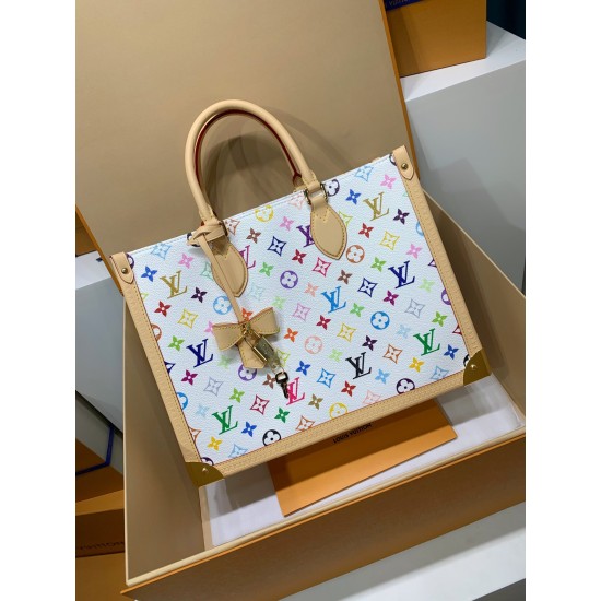免税版 M13079G 全鋼製 Louis Vuitton x 村上隆 OnTheGo ミッドサイズハンドバッグ|カラフルな Monogram で遊び心溢れるデザイン 27×14×35cm 免税版 M13079G 全鋼製 Louis Vuitton x 村上隆 OnTheGo ミッドサイズハンドバッグ|カラフルな Monogram で遊び心溢れるデザイン 27×14×35cm