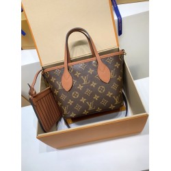 免税特典！M12209 棕 G 全鋼製 Neverfull Bandoulière Inside Out BB ハンドバッグ｜ダブルフェイス × 着脱ポーチ × 斜め背負い、洗練された細部で魅力満点 14×9×24cm