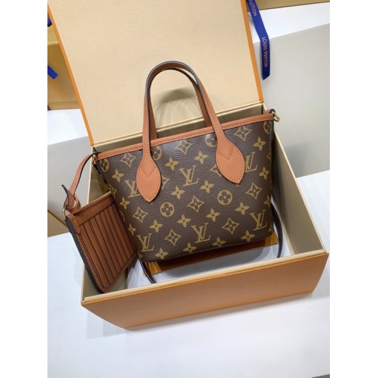 免税特典！M12209 棕 G 全鋼製 Neverfull Bandoulière Inside Out BB ハンドバッグ｜ダブルフェイス × 着脱ポーチ × 斜め背負い、洗練された細部で魅力満点 14×9×24cm